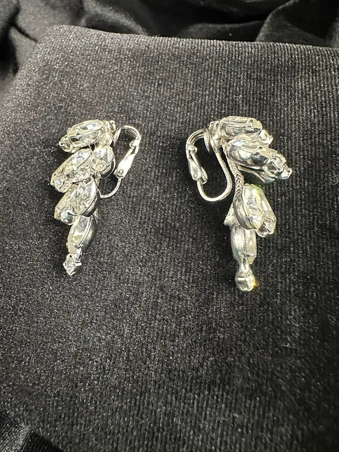 Carnegie Silver Tone Clear Rhinestone Clip Earrings with Cascading Marquis Crystal Design