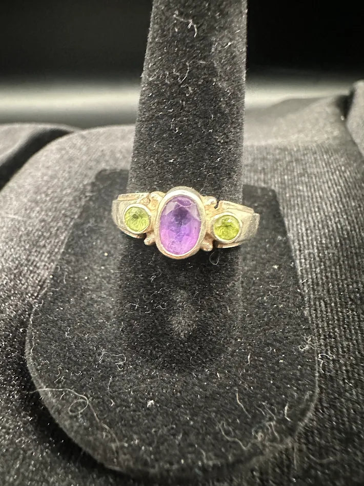 925 Sterling Silver Amethyst Peridot White Topaz Cross Pendant Necklace Ring Set Vintage Gemstone Jewelry