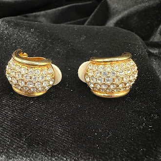 Swarovski Gold Tone Pavé Crystal Clip Earrings Dome Huggie Style Rhinestone Designer Jewelry
