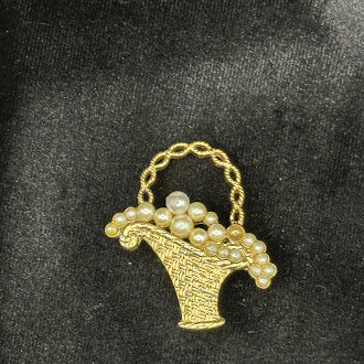 Gold tone faux pearl brooch trio; basket w flowers, wreath and purse with pearl flowers vintage set