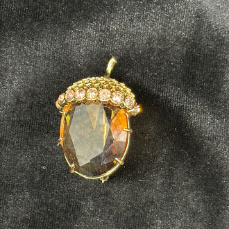 Gold Tone Acorn Brooch Amber Crystal Body Rhinestone Cap Signed