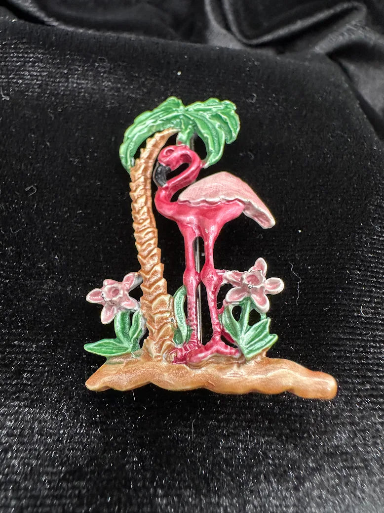 Vintage Pink Flamingo Brooch Tropical Palm Tree Enamel Bird Pin Florida Vacation Style