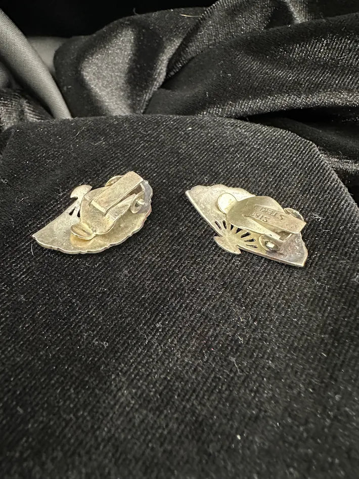 Vintage Siam Sterling Silver Red Enamel Fan Clip Earrings Thai Niello Folding Fan Design