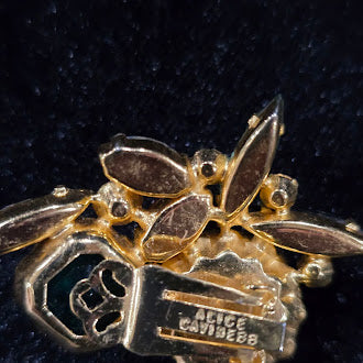 Alice Caviness Brooch and Earrings Set Gold Tone Multicolor Rhinestone Set Purple Green Orange Stones Black Navettes Signed Vintage Costume Jewelry