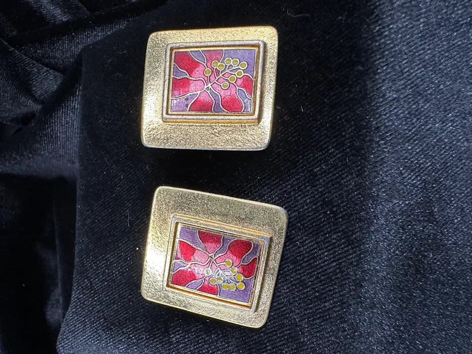 Laurel Burch Enamel Floral Clip Earrings Gold Tone Rectangular Panel French Clip Vintage Signed