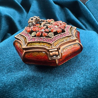 Gold Tone Ladybug Enameled Trinket Box | Rhinestone Accent UV Reactive Decorative Box