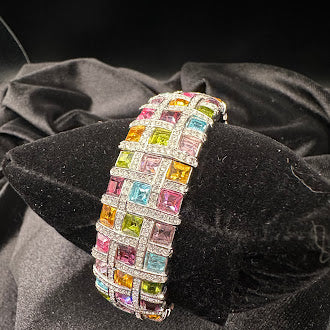 Vintage Wide Multi Color Crystal Grid Bracelet Silver Tone Statement Cuff Rainbow Rhinestone Glam Jewelry