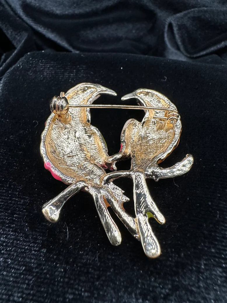 Vintage Gold Tone Enamel Lovebird Brooch Double Bird Pin Pink Orange Rhinestone Accent