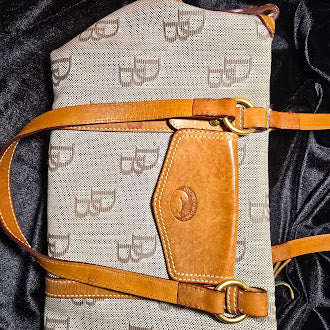 Dooney & Bourke Signature Monogram Canvas Shoulder Bag | Tan Leather Trim Designer Hobo Purse