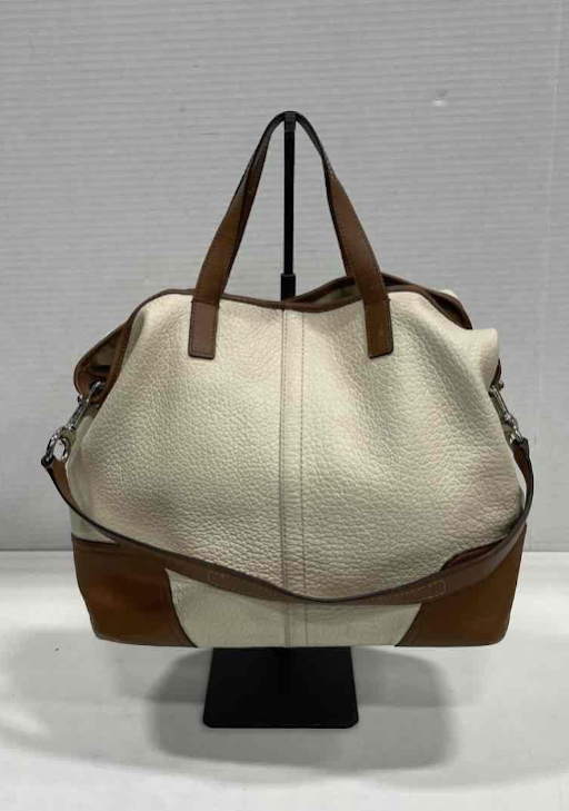 Coach Hadley Cream Pebbled Leather Shoulder Bag Brown Trim Crossbody Tote Purse