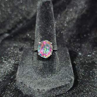 925 Sterling Silver Mystic Quartz Solitaire Ring Size 6.75 | Oval Rainbow Faceted Gemstone Statement Ring