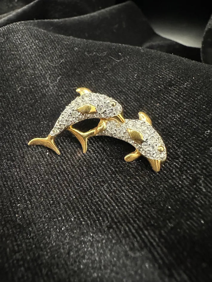 Swarovski Dolphin Brooch Double Figural Gold Tone Clear Crystal Rhinestone Pin Coastal Nautical Statement Jewelry