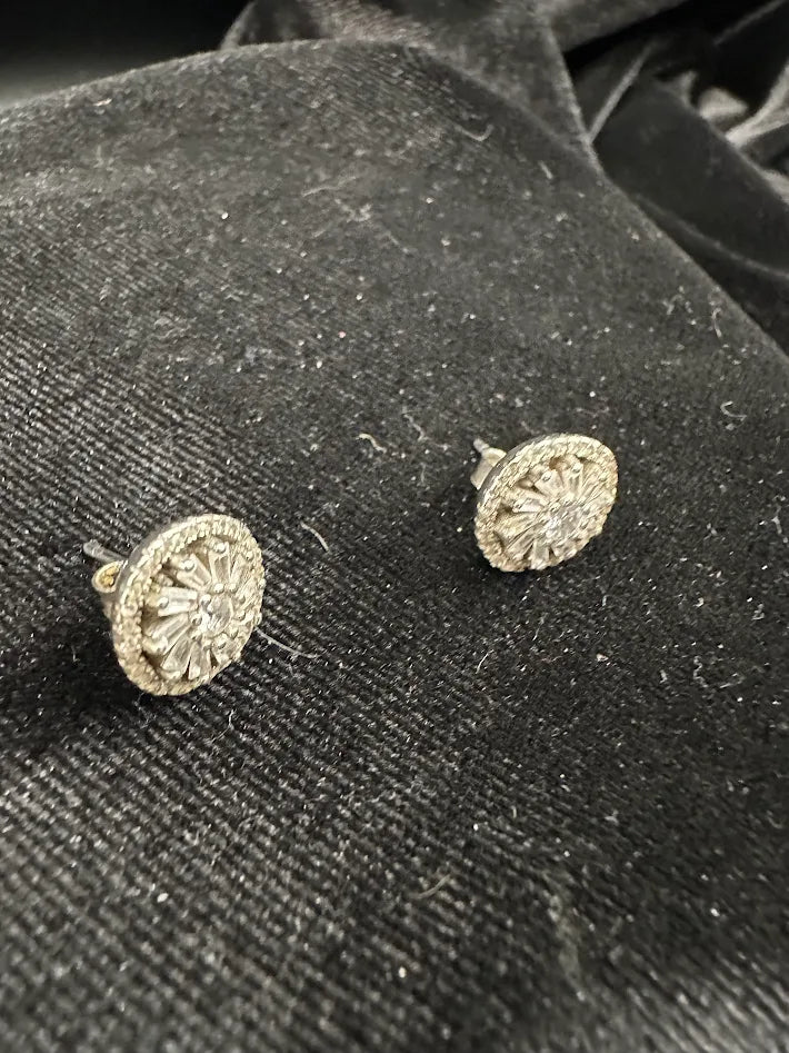 Silver Tone Crystal Starburst Stud Earrings Round Sparkle Sunburst Bridal Gift