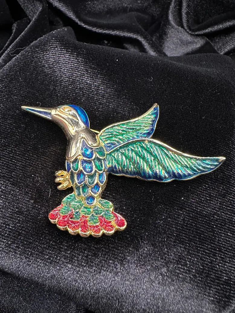 Vintage Gold Tone Enamel Hummingbird Brooch Multicolor Bird Pin Blue Green Red Statement