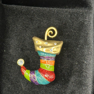 Vintage Anne Klein Christmas Stocking Brooch Gold Tone Multicolor Enamel Rhinestone Holiday Pin