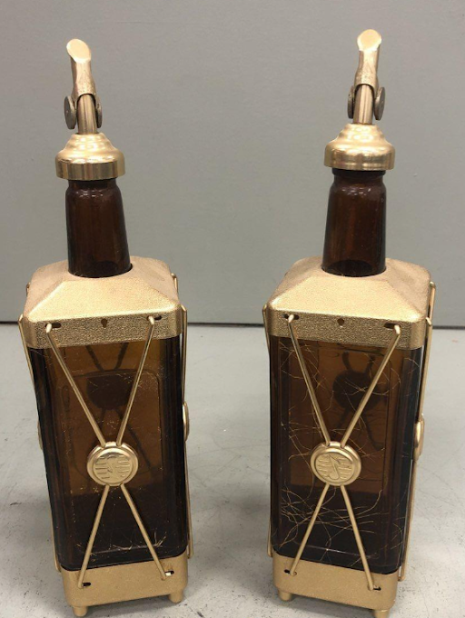 Vintage Mid Century Musical Bar Service Set with Pour Bottles, Cups and Tray, Retro Cocktail Entertaining Piece