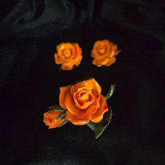 Orange Rose Brooch and Matching Clip-on Earring Set