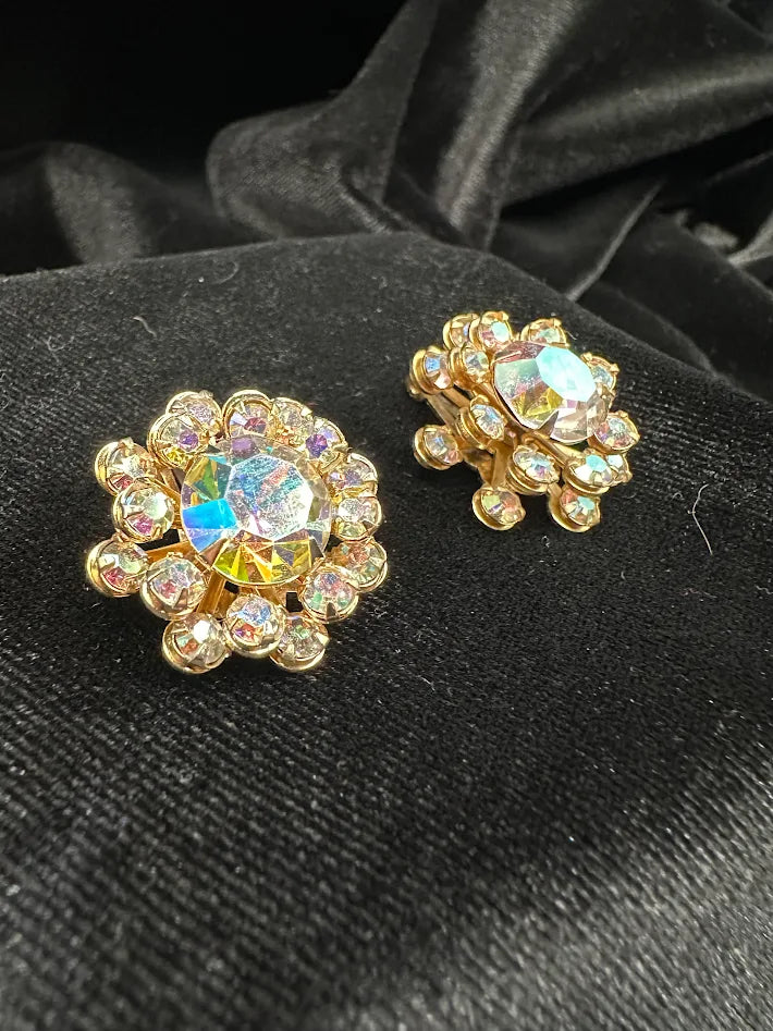 Gold Tone Aurora Borealis Crystal Cluster Screw Back Earrings Round Rhinestone Floral Vintage Jewelry