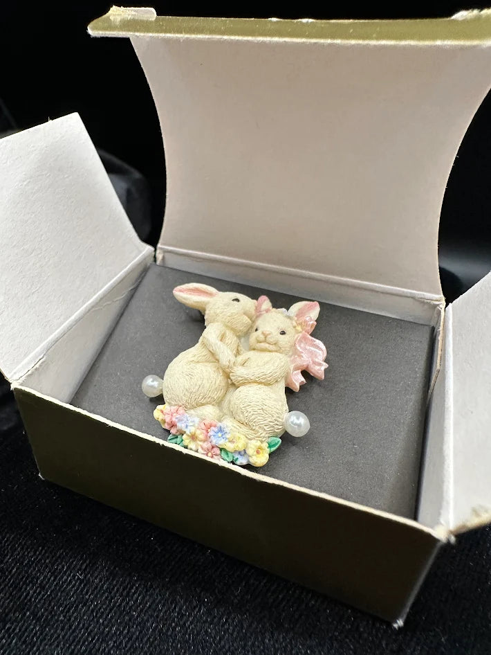Avon Bunny Brooch With Faux Pearl Accents and Original Box