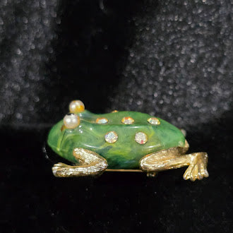 Jelly Belly Frog Brooch Green Lucite Style Body Pin with Rhinestones Gold Tone Legs and Feet Novelty Animal Jewelry Safety Clasp