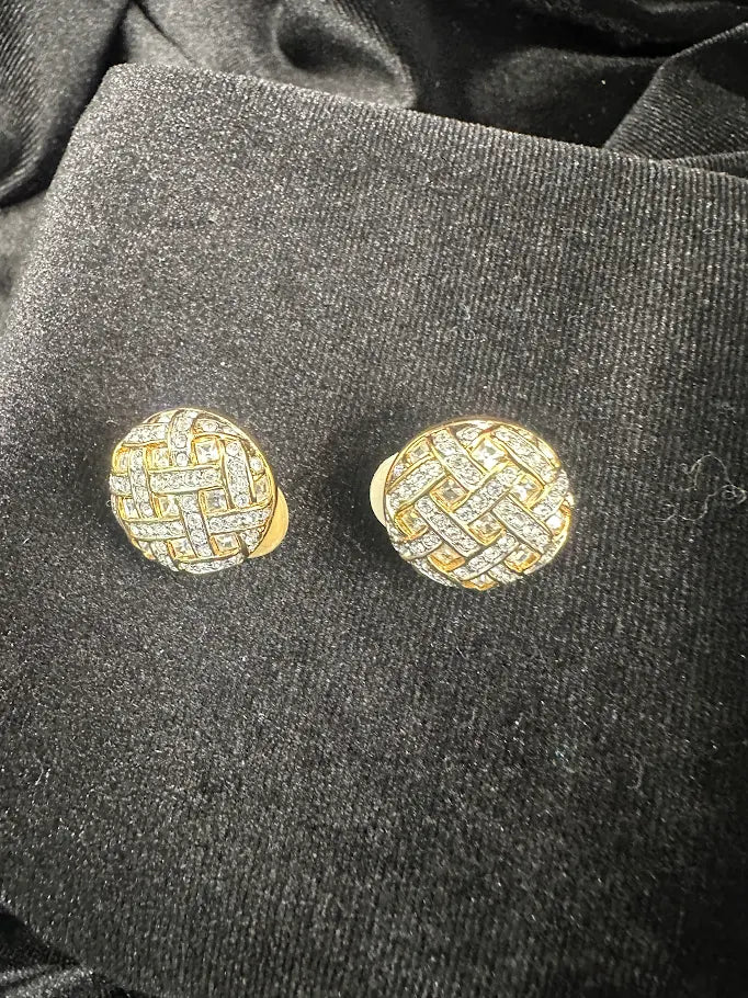 Swarovski Gold Tone Crystal Basketweave Clip Earrings | Signed Designer Statement Earrings