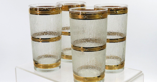 Vintage Culver 22K Gold Cocktail Service Set – 4 Highball Glasses & Ice Bucket – Mid Century Barware Entertaining Set
