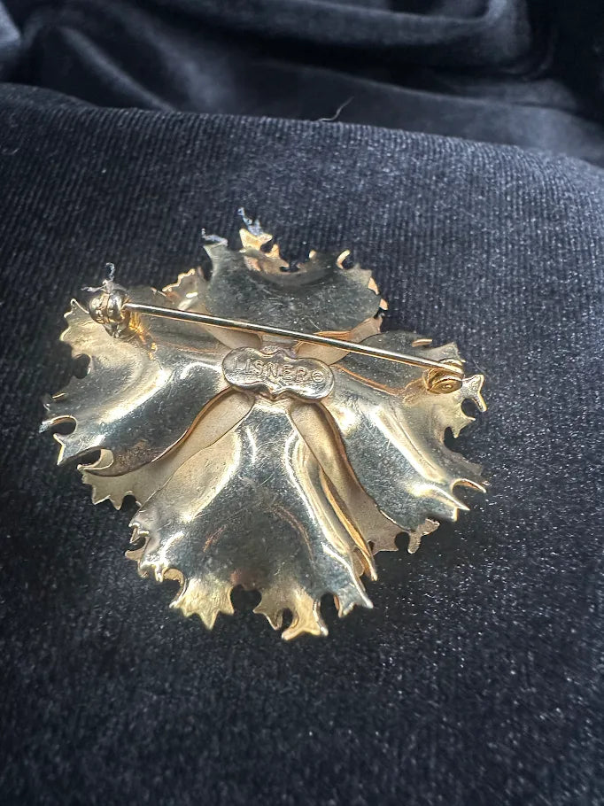 Lisner Gold Tone Layered Flower Brooch with Textured Leaf Petals