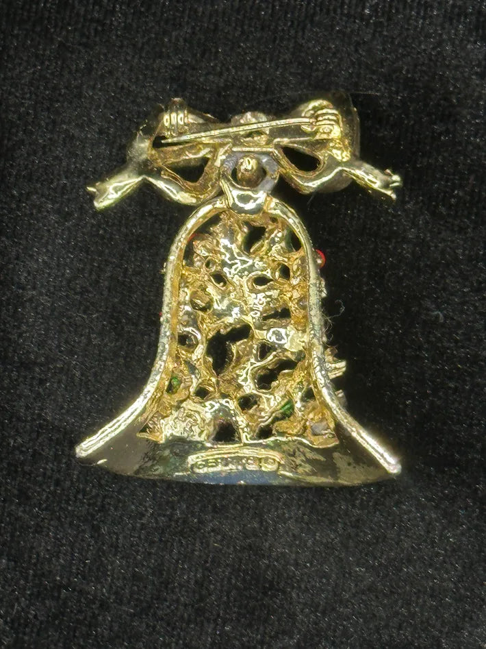 Vintage Gerry’s Christmas Bell Brooch Gold Tone Holly Holiday Pin