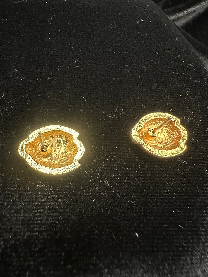 Avon Gold Tone Red Enamel Ladybug Stud Earrings Rhinestone Accent Whimsical Vintage Jewelry