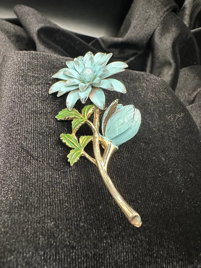Gold Tone Blue Enamel Flower Brooch | Dimensional Floral Statement Pin