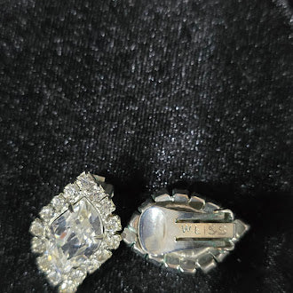 Signed Weiss White Rhinestone Marquise Clip-On Earrings | Vintage Halo Statement Designer Jewelry