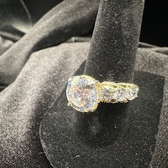 Gold Tone Crystal Statement Ring Large Round Center Multi Stone Band Silver Tone Setting Bold Cocktail Ring