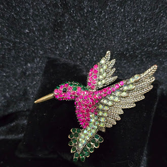 Vintage Pink & Green Rhinestone Hummingbird Brooch Pin | Gold Tone Crystal Figural Bird Statement Jewelry