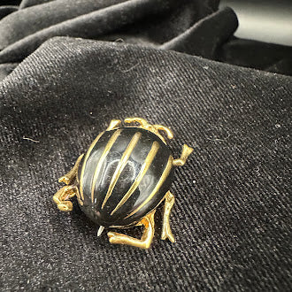 Vintage Gold Tone Black Enamel Beetle Brooch Scarab Style Statement Pin Figural Insect Jewelry Dimensional