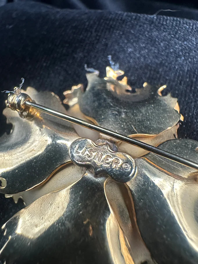 Lisner Gold Tone Layered Flower Brooch with Textured Leaf Petals