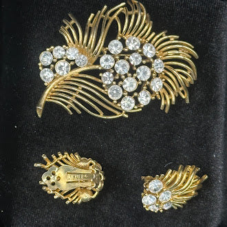 Lisner Gold Tone Rhinestone Brooch and Earrings Set Floral Spray Jewelry Set Clear Rhinestones Matching Clip On Earrings Vintage Costume Jewelry