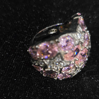 925 Sterling Silver Pink and White CZ Star Cluster Cocktail Ring Size 5.25 Statement Dome Ring