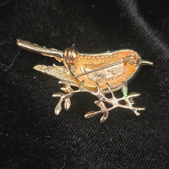 Gold Tone Enamel Songbird Brooch Yellow and White Bird on Branch Pin