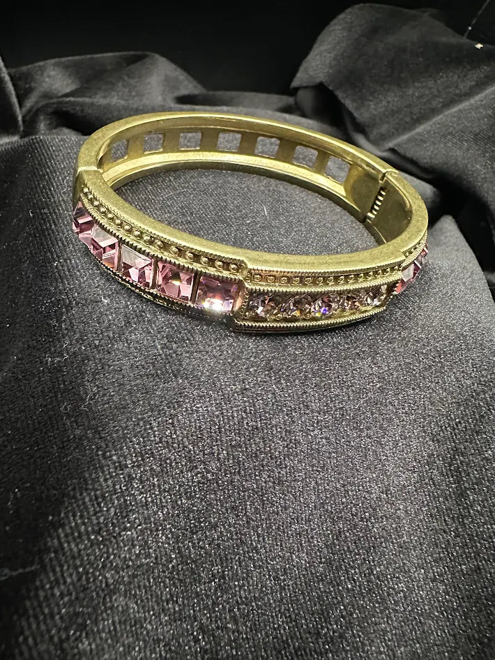 Heidi Daus Pink Crystal Bangle Bracelet Gold Tone Hinged Cuff Baguette Rhinestone Designer