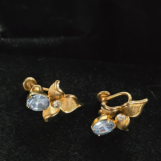 Signed Van Dell Gold Filled Blue Rhinestone Floral Brooch and Screw Back Earrings Set