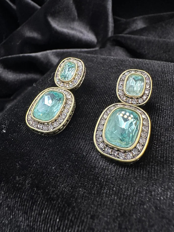 Heidi Daus Aqua Crystal Drop Earrings Gold Tone Double Dangle Statement Designer Jewelry