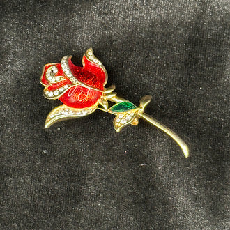 Angel Signed Red Enamel Rose Brooch | Gold Tone Floral Pin with Rhinestone Accent