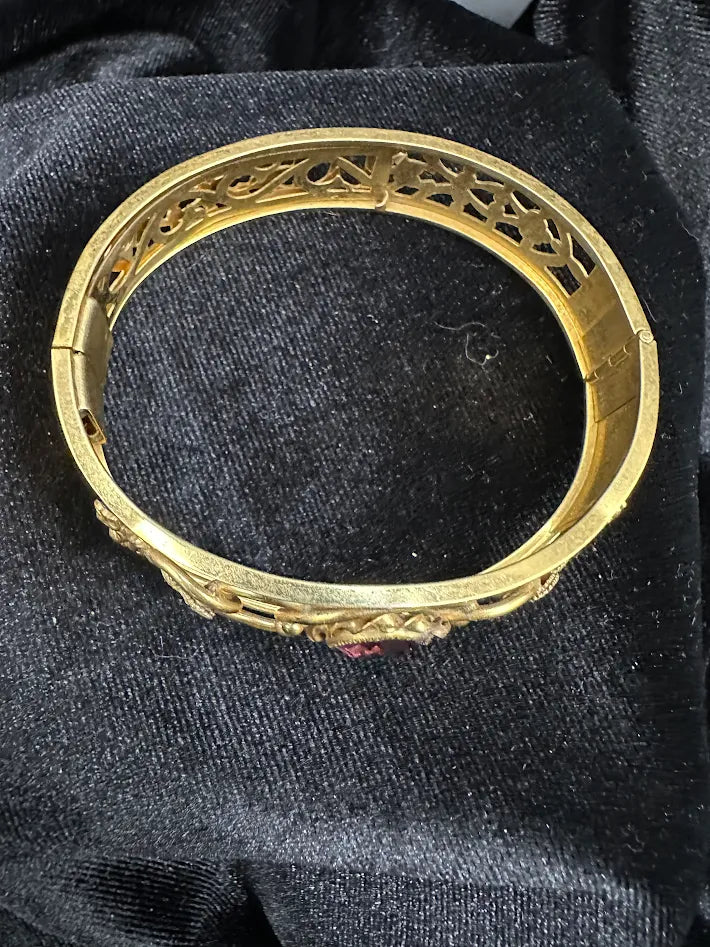 (SOLD) Vintage Victorian Revival Gold Tone Amethyst Glass Bangle Bracelet Openwork Filigree