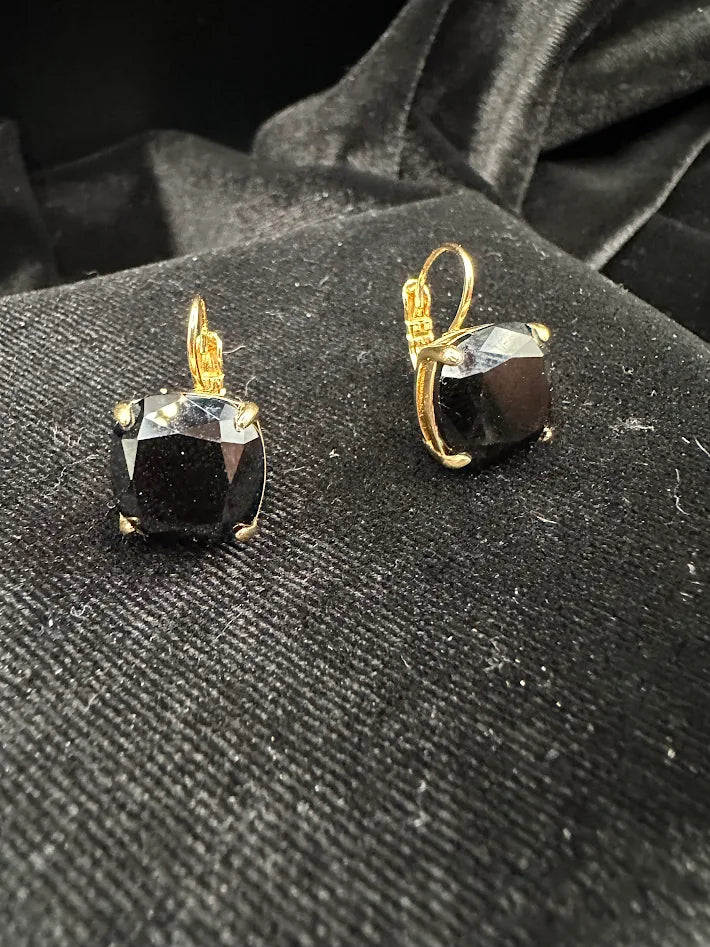 Black Faceted Cushion Cut Drop Earrings Gold Tone Obsidian Style Crystal Dangle Statement