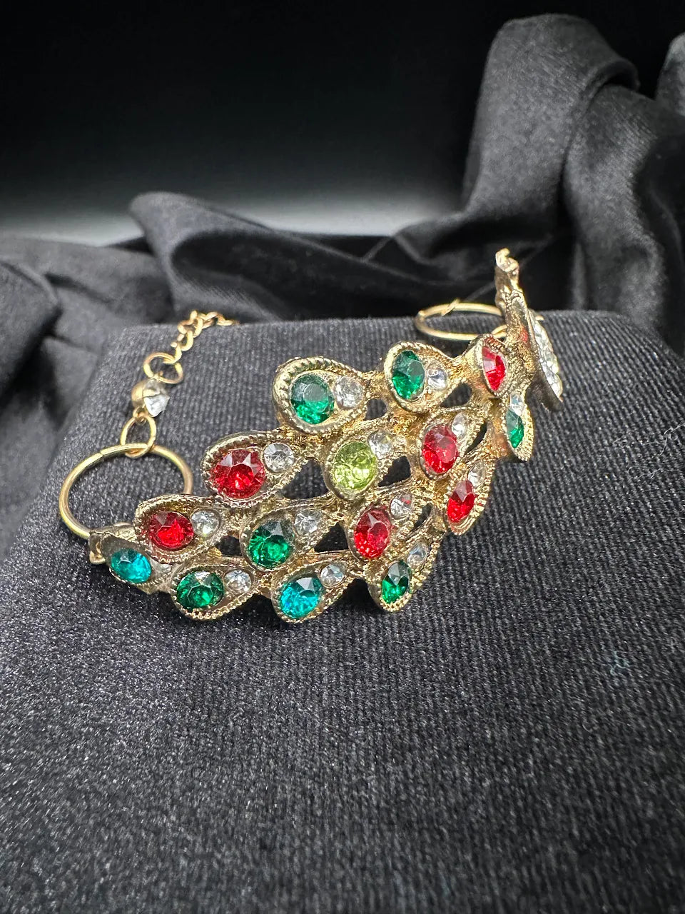Gold Tone Multicolor Crystal Peacock Hand Bracelet | Ring-to-Bracelet Statement Jewelry
