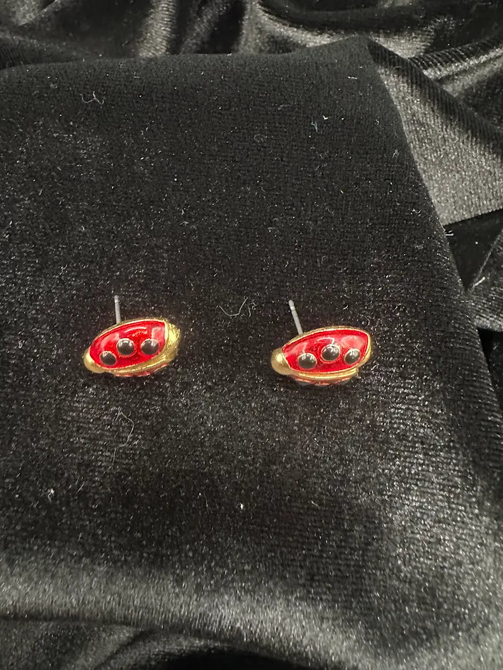 Avon Gold Tone Red Enamel Ladybug Stud Earrings Rhinestone Accent Whimsical Vintage Jewelry