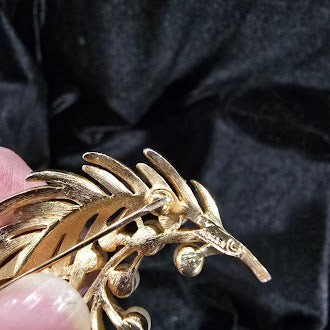 Vintage Crown Trifari Gold Tone Leaf Spray Brooch with Faux Pearl Cluster | Signed Botanical Fern Pin