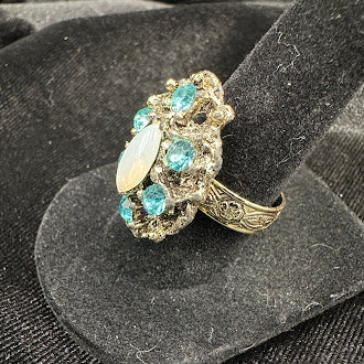Vintage Style Turquoise Blue Crystal Cluster Ring Adjustable Cocktail Statement Ring with Oval White Center Stone Silver Tone Filigree