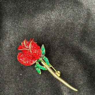 Monet Gold Tone Red Enamel Rose Brooch Green Rhinestone Leaves Floral Pin Signed