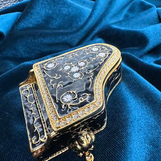 Black Enamel Grand Piano Trinket Box Gold Tone Floral Lid Rhinestone Trim